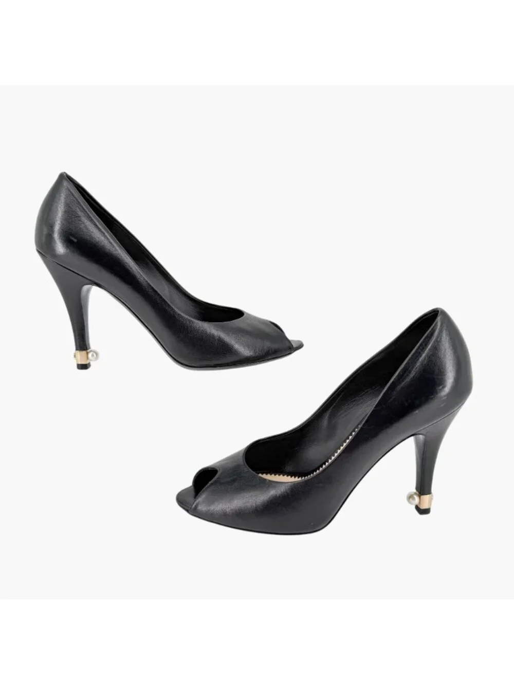 Chanel Black Leather Peep Toe Pumps Pearl CC Heel Size 38 US 7–7.5 Women's Heels